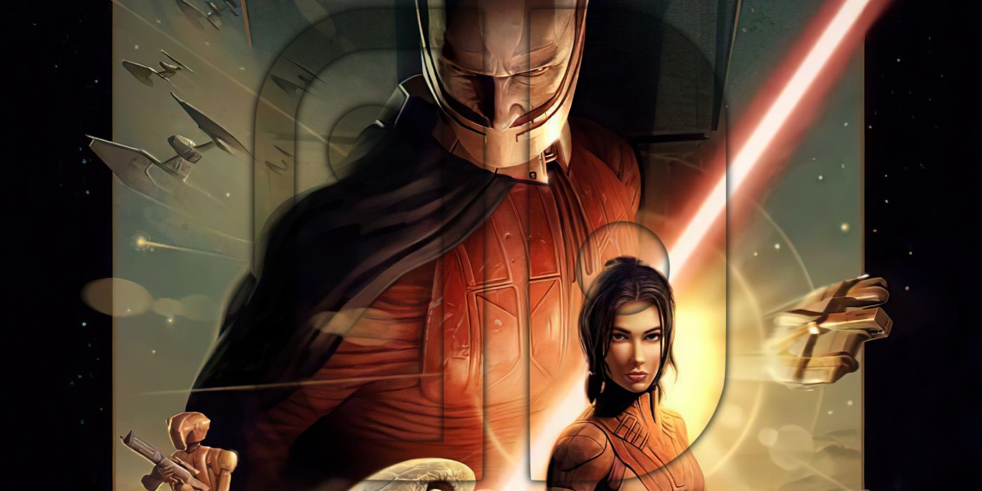 Star Wars Knights of the Old Republic Cover With Bastila Shan In The Middle, Hk-47 and The Ebon Hawk On the Sides, And Darth Malak Looming Large