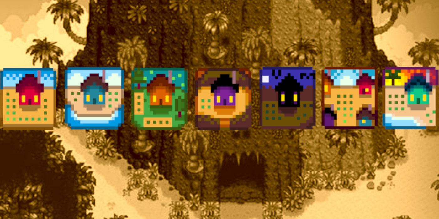 Stardew Valley Farm Layout Icons Over Sepia Toned Ginger Island Volcano Feature