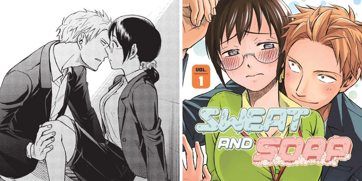 Left image features Kotaro Natori and Asako Yaeshima flirting; right image features Volume 1 of Sweat and Soap