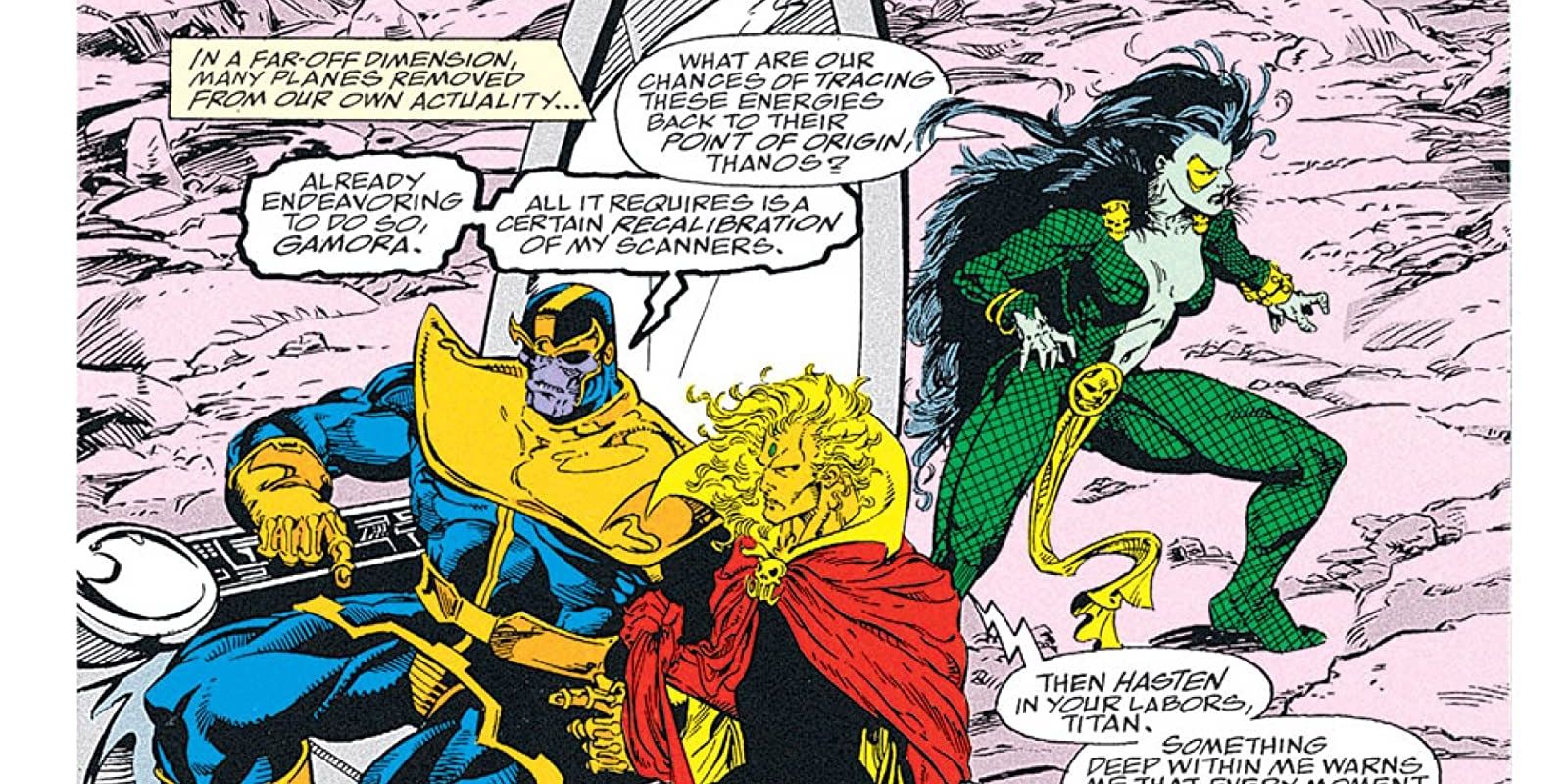 Thanos, Adam Warlock, and Gamora from Marvel Comics