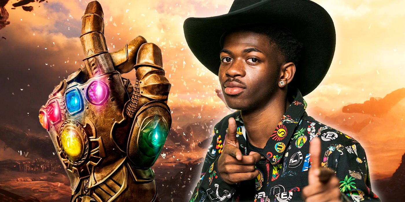 Thanos' Infinity Gauntlet snapping next to Lil Nas X in a cowboy hat