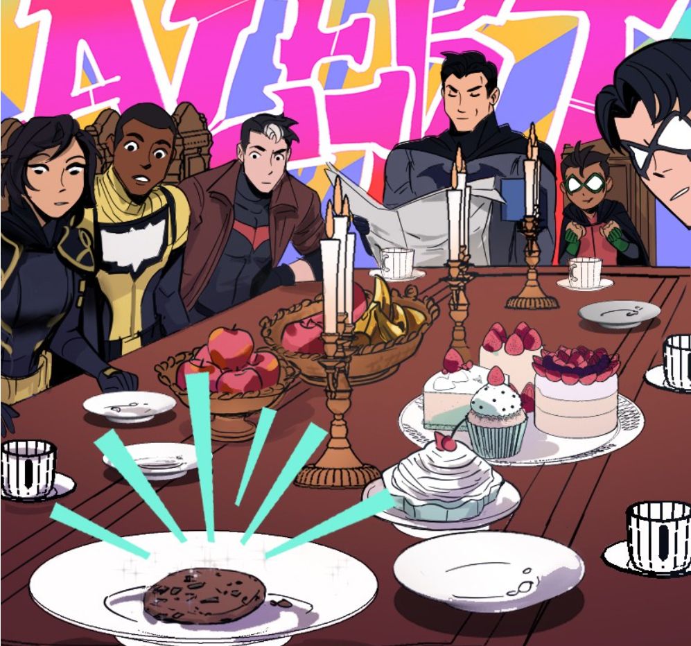 The Bat Family sees looks at a cookie on the table