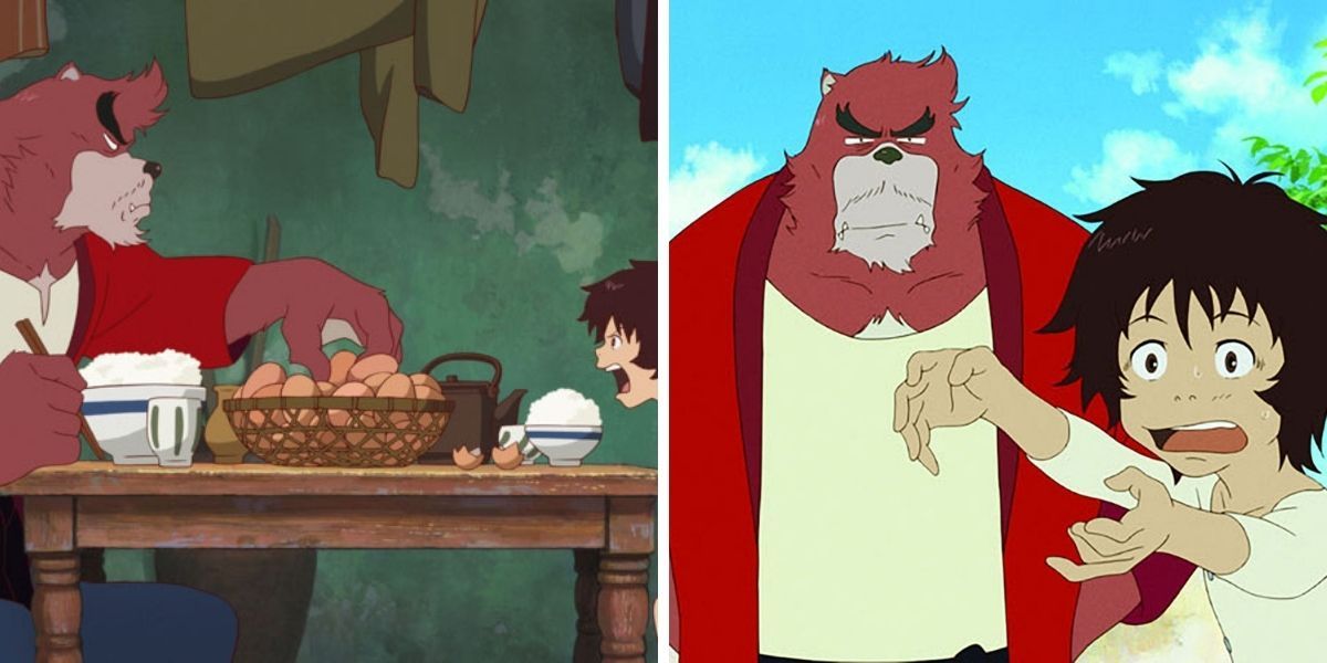 Left image features Kumatetsu and Kyuta sitting at the table from The Boy and the Beast; right image features Kumatetsu teaching Kyuta from The Boy and the Beast