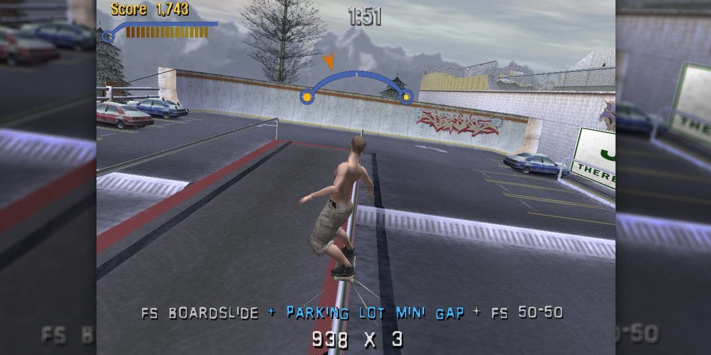 Tony Hawk as depicted in Pro Skater 3 grinding a rail in Canada.