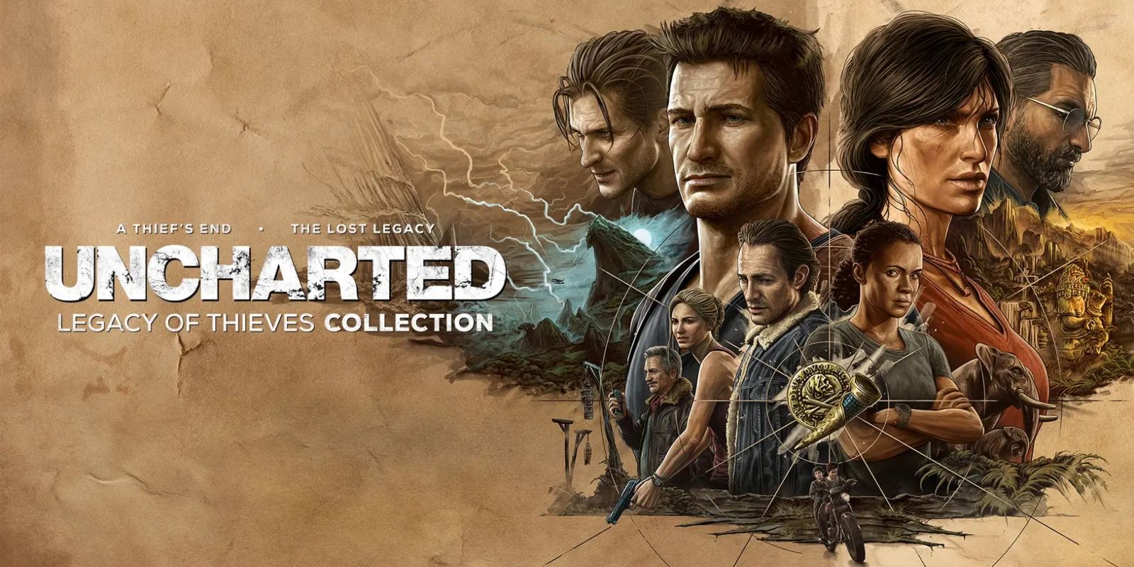 Key art for Uncharted: Legacy of Thieves Collection featuring a collage of the main cast.