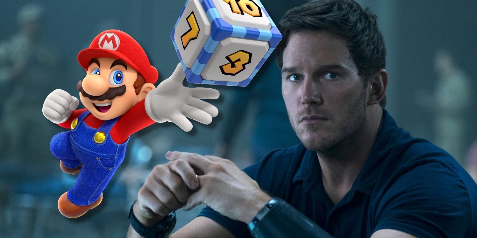 Mario throws a blue and white dice while Chris Pratt stares into the audience