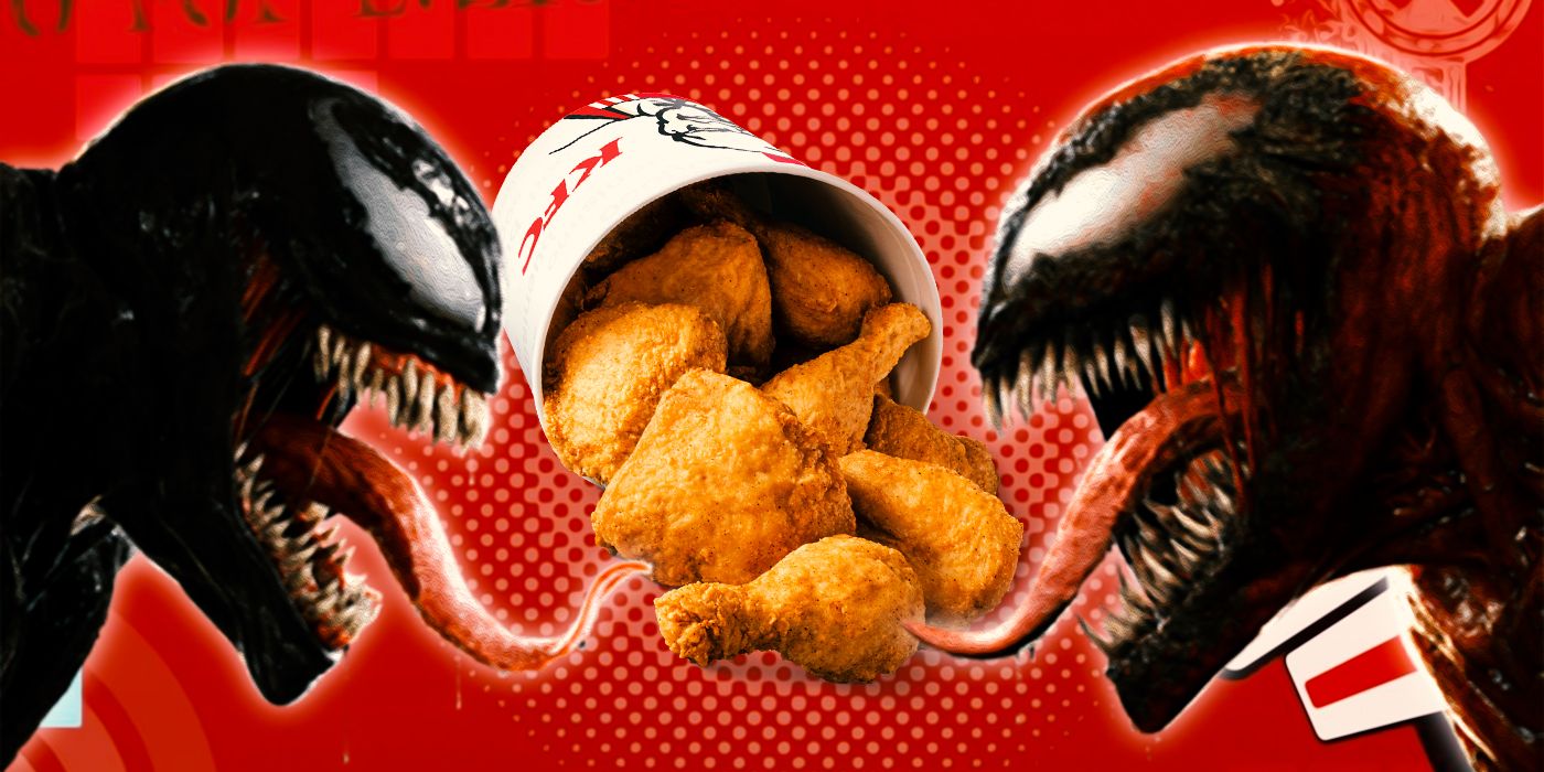 Venom and Carnage stretching their tongues out at a KFC bucket of chicken.