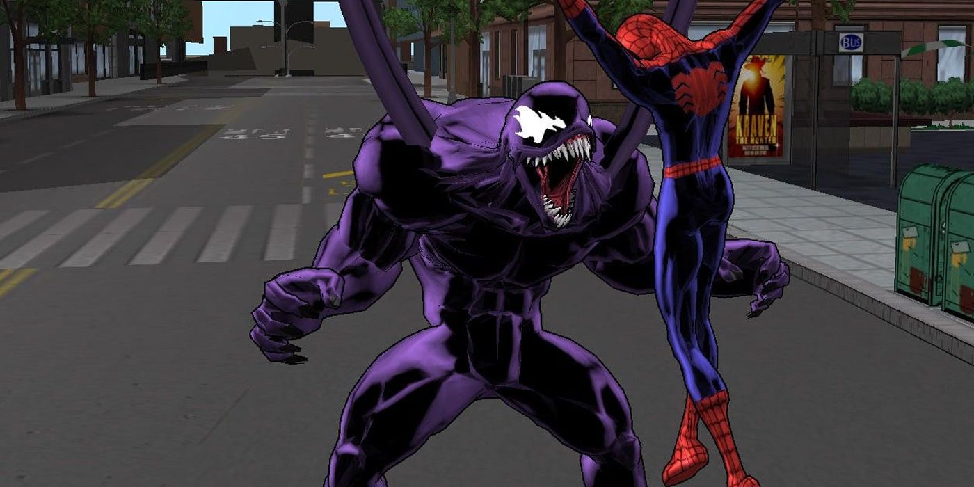 Venom holds an unconscious Spider-Man with his tentacles in the Ultimate Spider-Man game