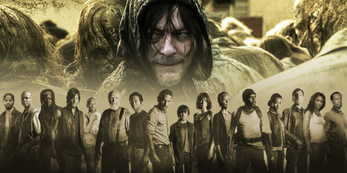 Edited photo of early season characters in the foreground and a headshot of Daryl Dixon in the background