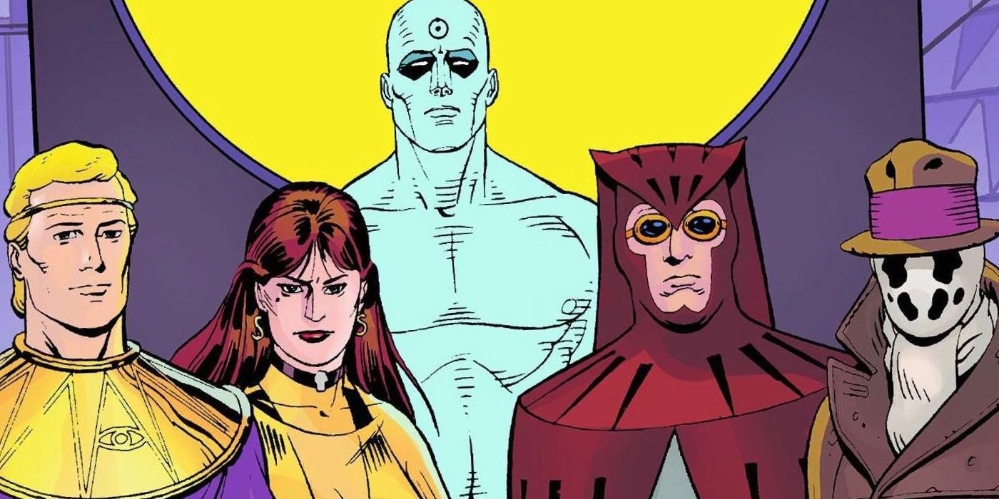 Watchmen characters lined up in front of a purple and yellow wall in DC Comics