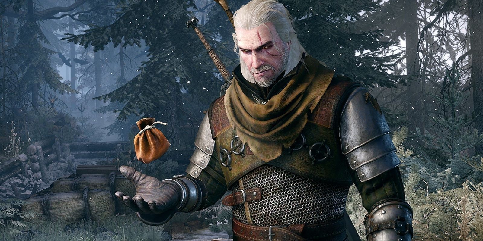 Geralt of Rivia, tossing a coin purse, in The Witcher 3