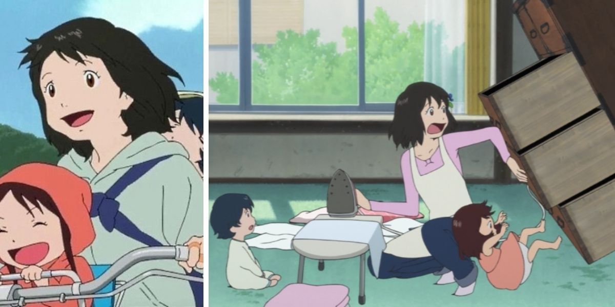 Left image features Hana, Ame, and Yuki riding a bike from Wolf Children; right image features Hana protecting baby Yuki from a falling bookshelf with baby Yuki watching from Wolf Children