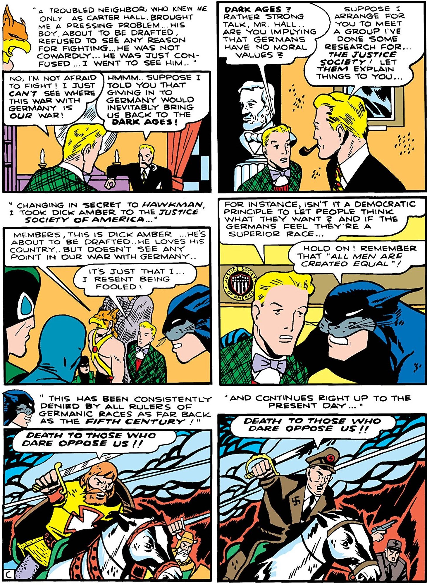 Justice Society explains the inherent evils of Germany to a young man
