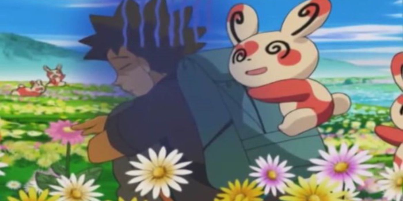 Pokemon's brock feeling down in a field of flowers with spinda on his back