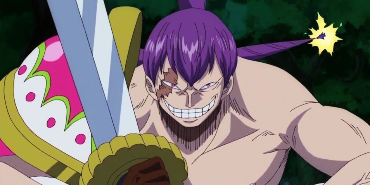 Cracker of One Piece grinning and holding a sword.