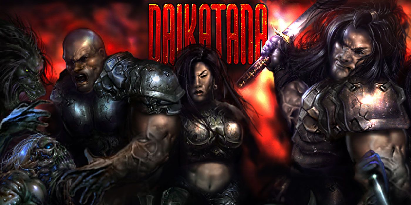 Daikatana's cover, featuring two dark-skinned men and a light-skinned woman with a bare midriff.