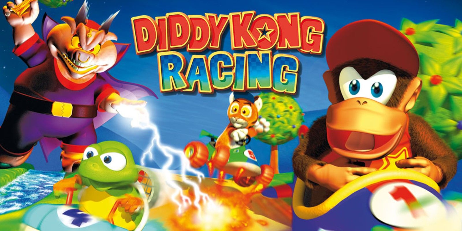 An image of the promotional art for Diddy Kong Racing on the N64