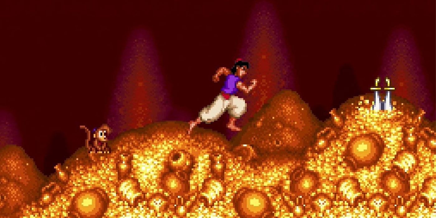 Aladdin and Abu escape the Cave of Wonders in Disney's Aladdin on Super Nintendo
