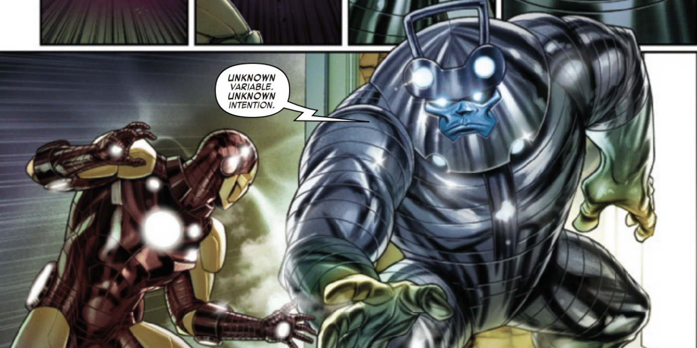 Iron Man faces the Galactus Sentry in Iron Man #12