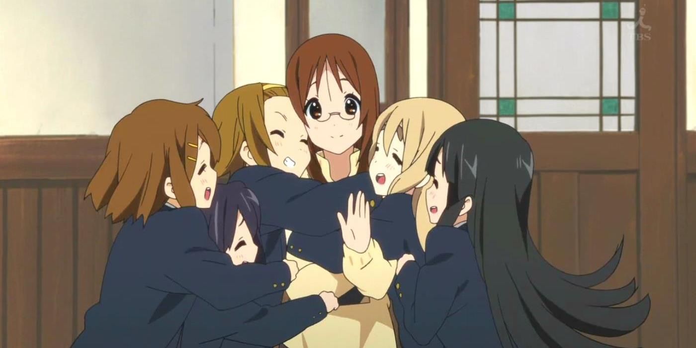 characters from K-On! in a group hug