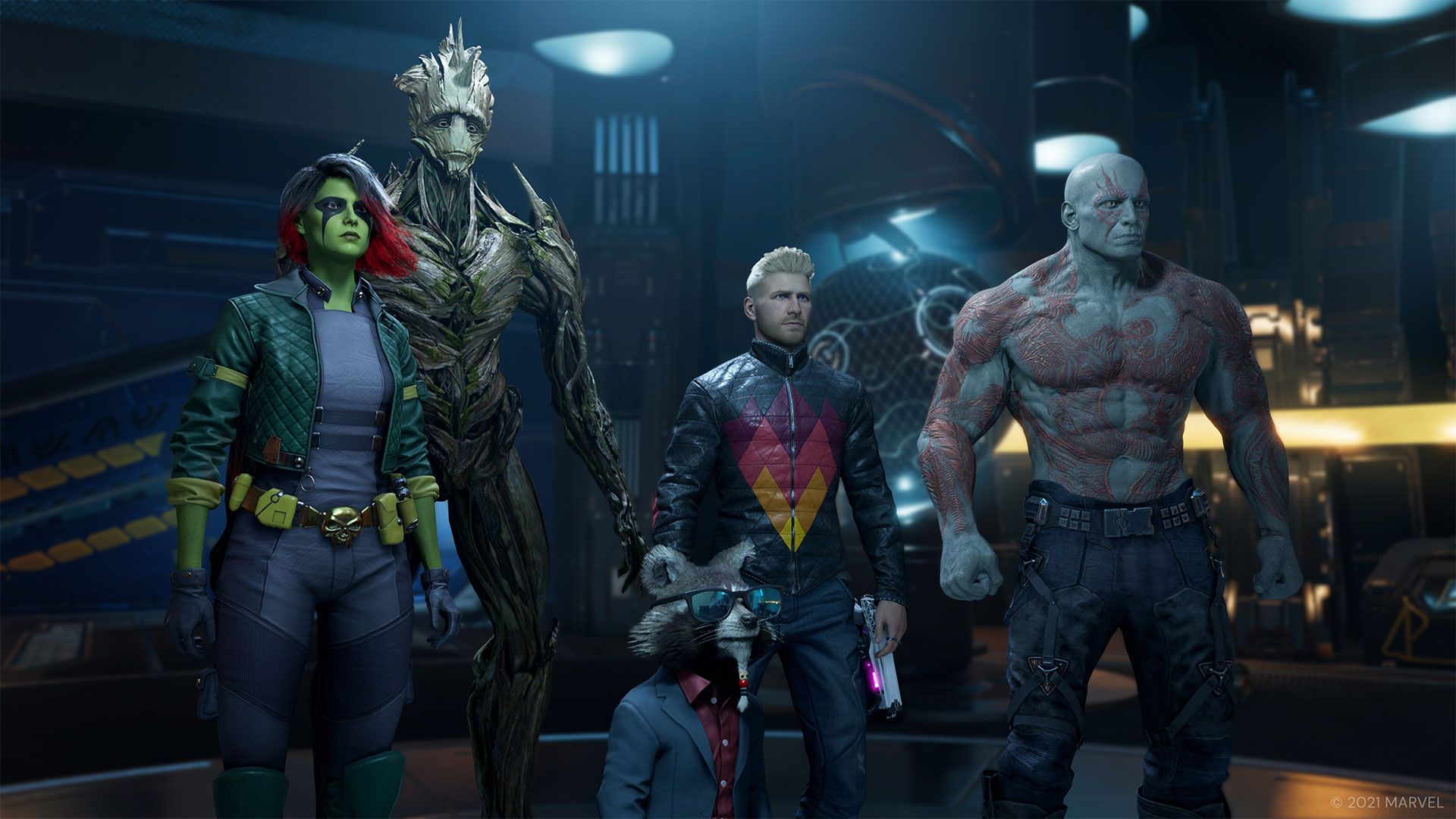 The Guardians of the Galaxy show off alternate costumes in the upcoming game. 