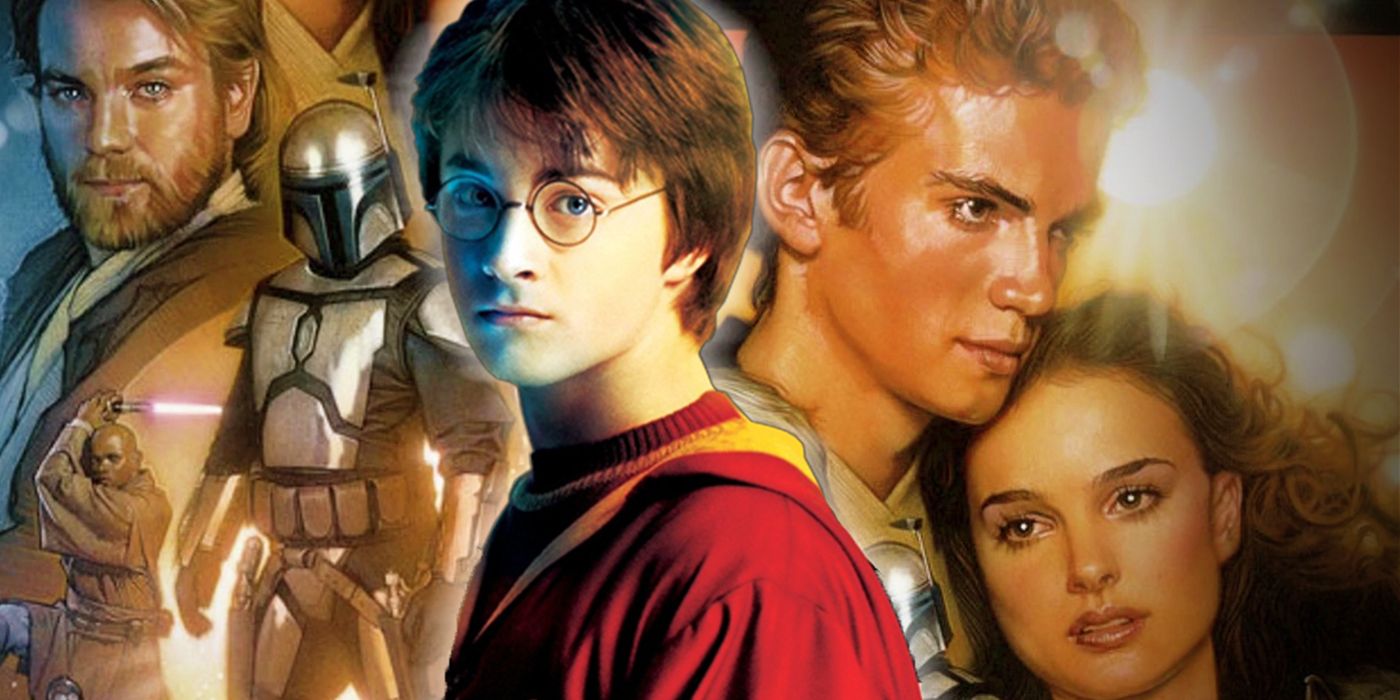 An image of Harry Potter is placed in front of a Star Wars: Attack of the Clones poster