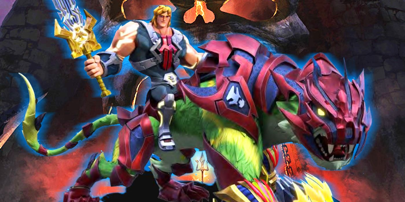 he-man riding battlecat in front of castle grayskull