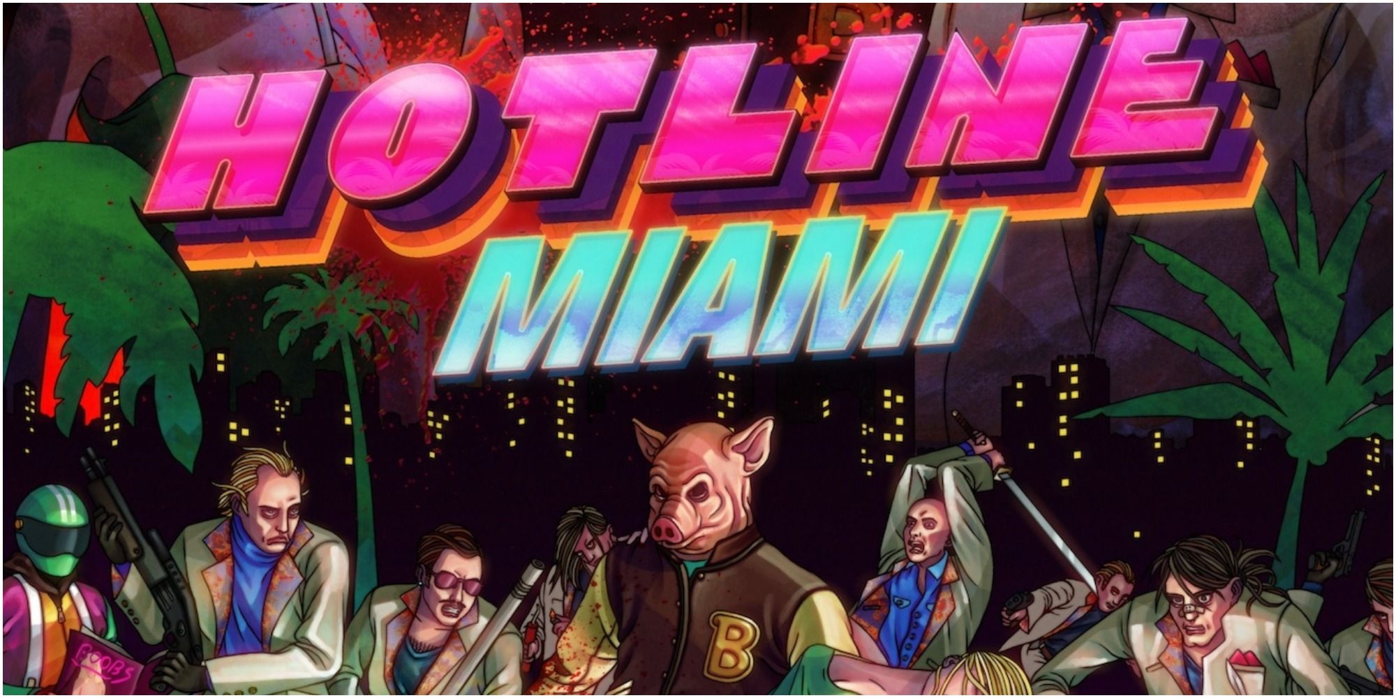 the hotline miami 2 logo featuring a group of criminals fighting 