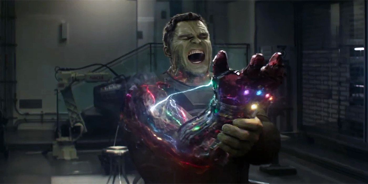 Mark Ruffalo's Professor Hulk yelling while wearing the Infinity Gauntlet in Avengers Endgame