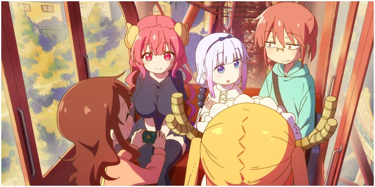 kobayashi, tohru, kanna, ilulu, and saikawa at the amusement park