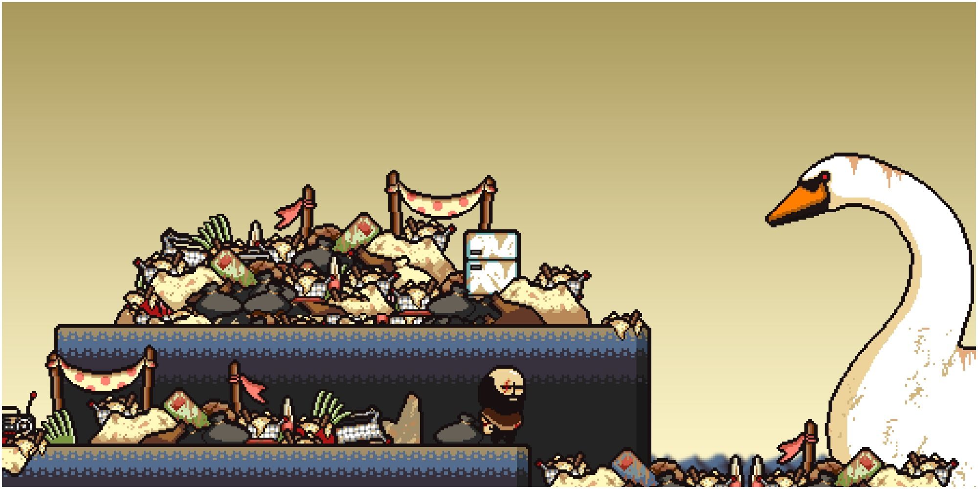 A screenshot from Lisa the Painful where the main character encounters a giant swan