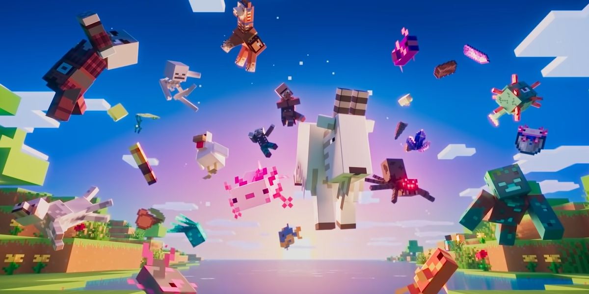 Minecraft picture with animals exploding through the air. 