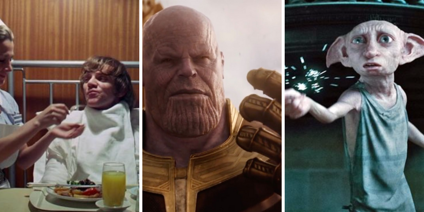 Alex fed by a nurse, Thanos with the gauntlet, & Dobby snapping his fingers