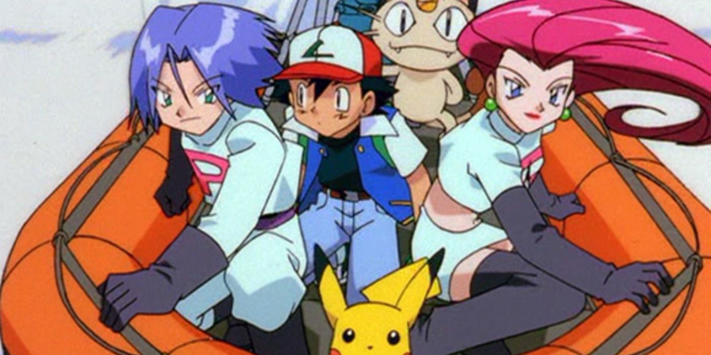 Ash, Pikachu, and Team Rocket in a motorboat in Pokémon the Movie 2000.