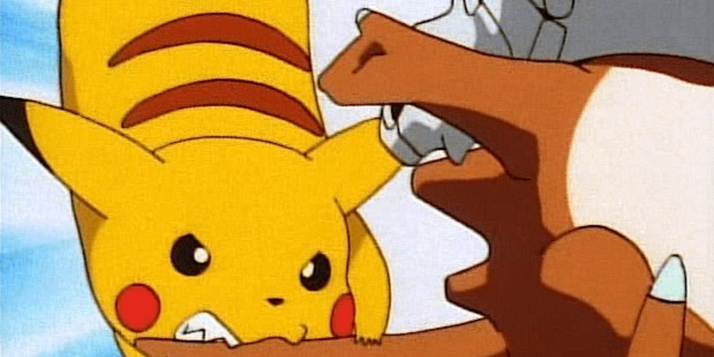 pokemon pikachu biting cubone's tail