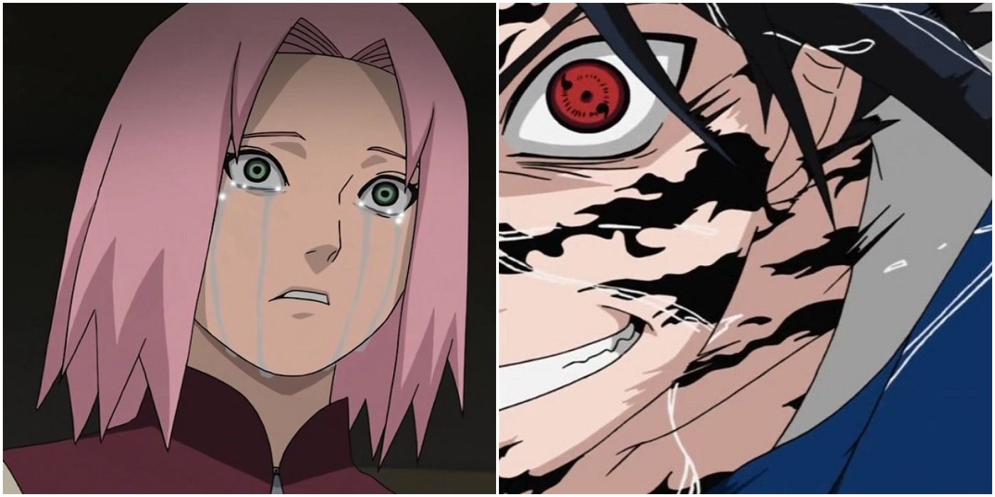 Sakura crying and Sasuke with the Sharingan eye
