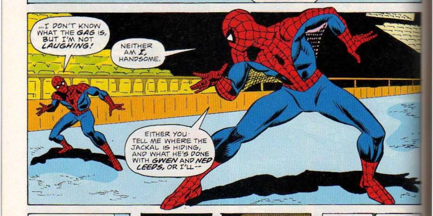 Two Spider-Man facing each other, Peter Parker and Ben Reilly, first appearance of Reilly