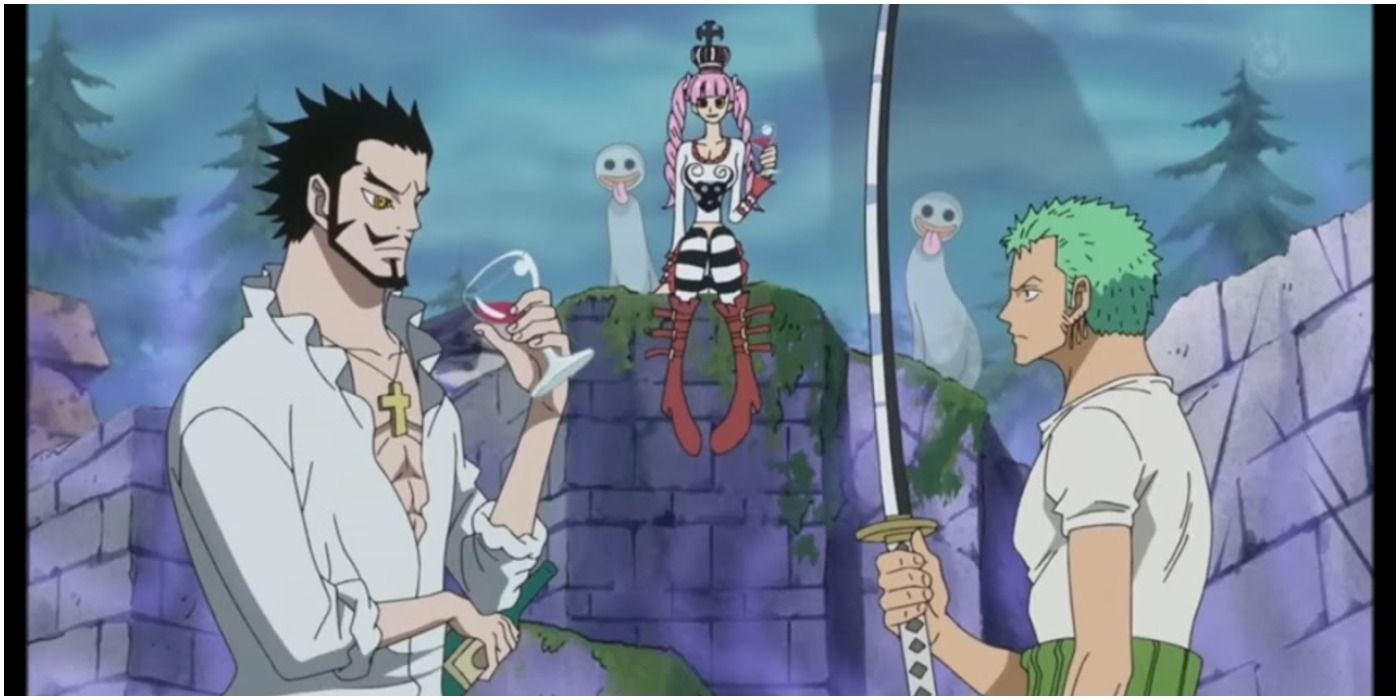 Mihawk holding a glass of wine while training Zoro as Perona looks on from the wall.