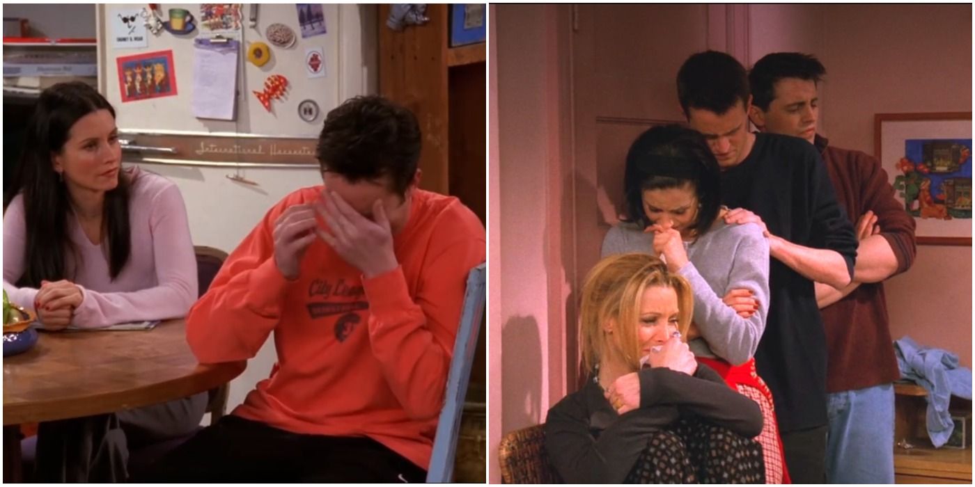Chandler and Monica looking upset, and Phoebe, Chandler, Joey, and Monica crying in Friends