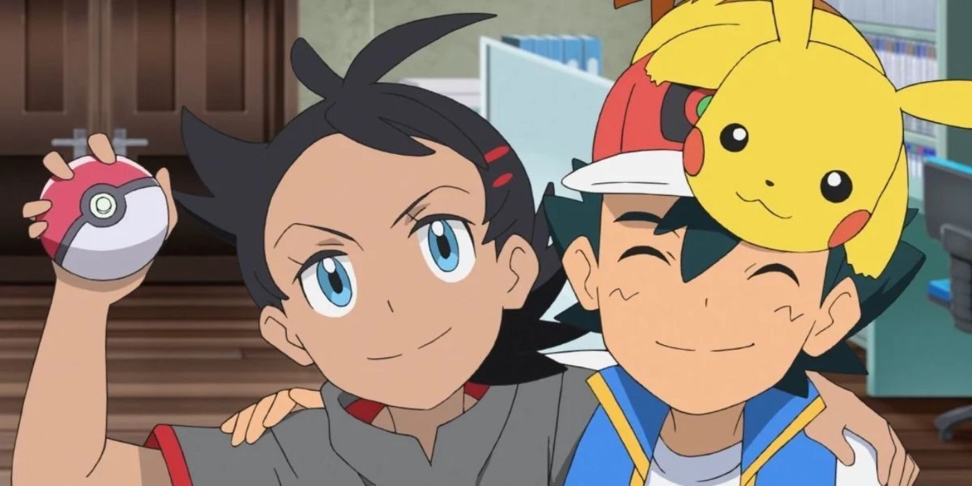 Ash and Goh arm in arm and smiling in Pokémon.