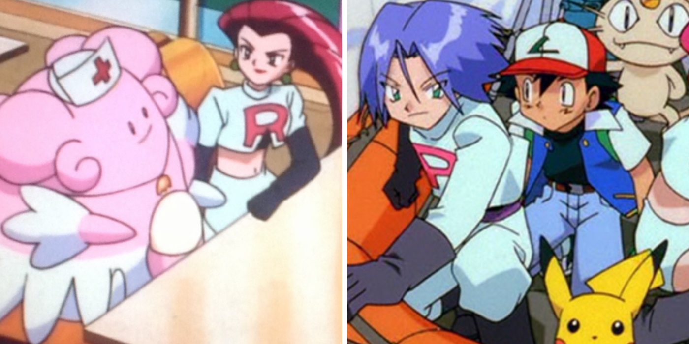 Team Rocket and Blissey sitting at table & Team Rocket helping Ash and Pikachu