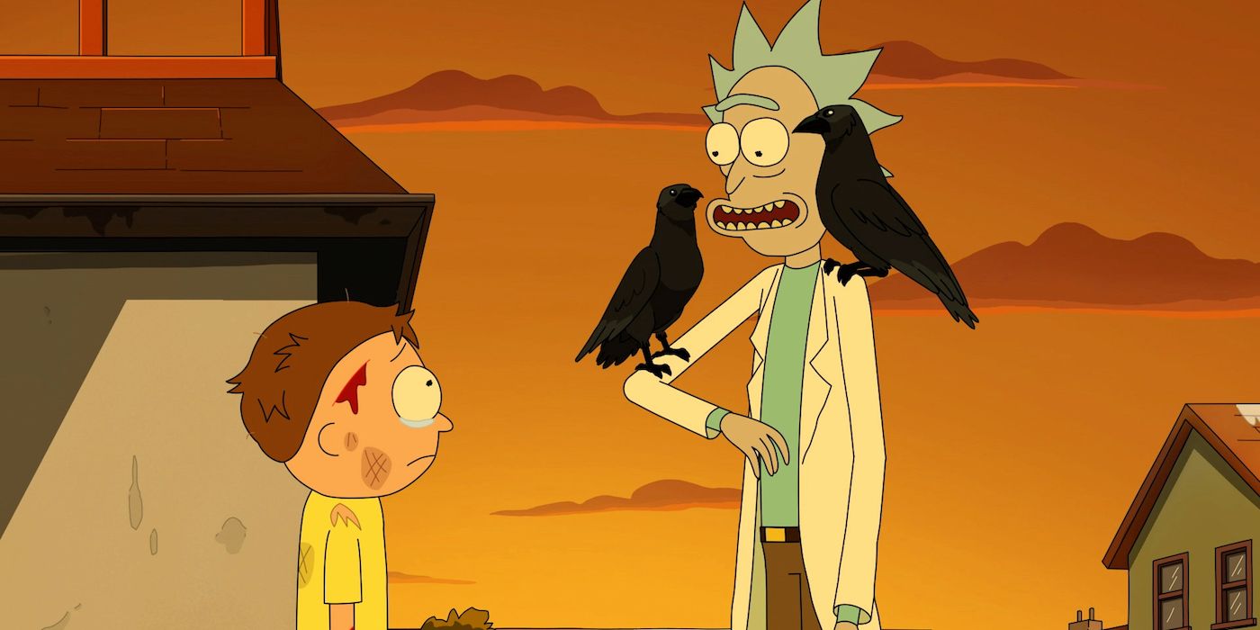 Morty Beaten And Teary-Eyed While Rick Holds Birds On His Arm And Shoulder 