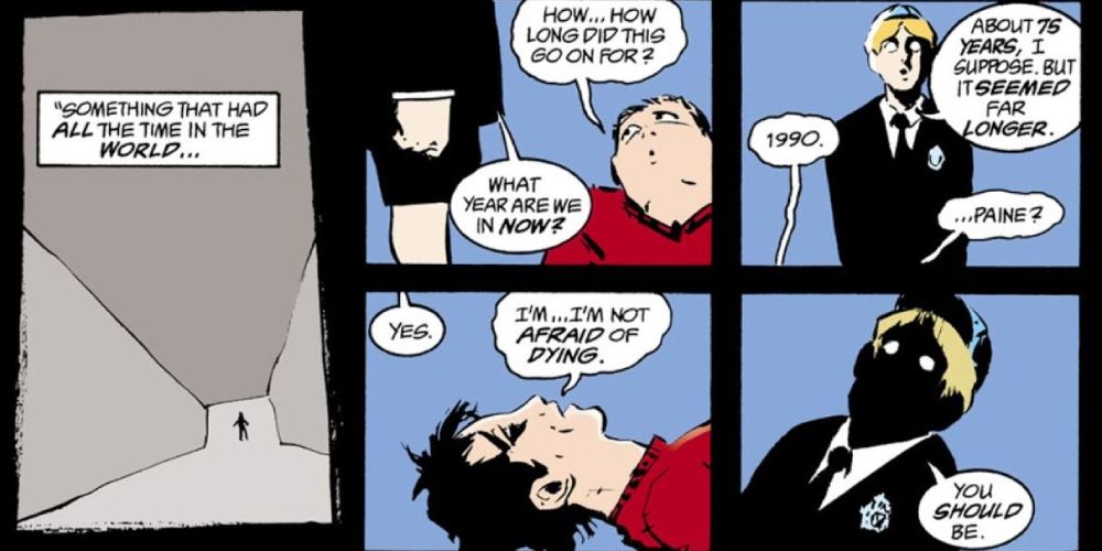 Neil Gaiman's Sandman #25 where Edwin tells Charles that he should be afraid of dying