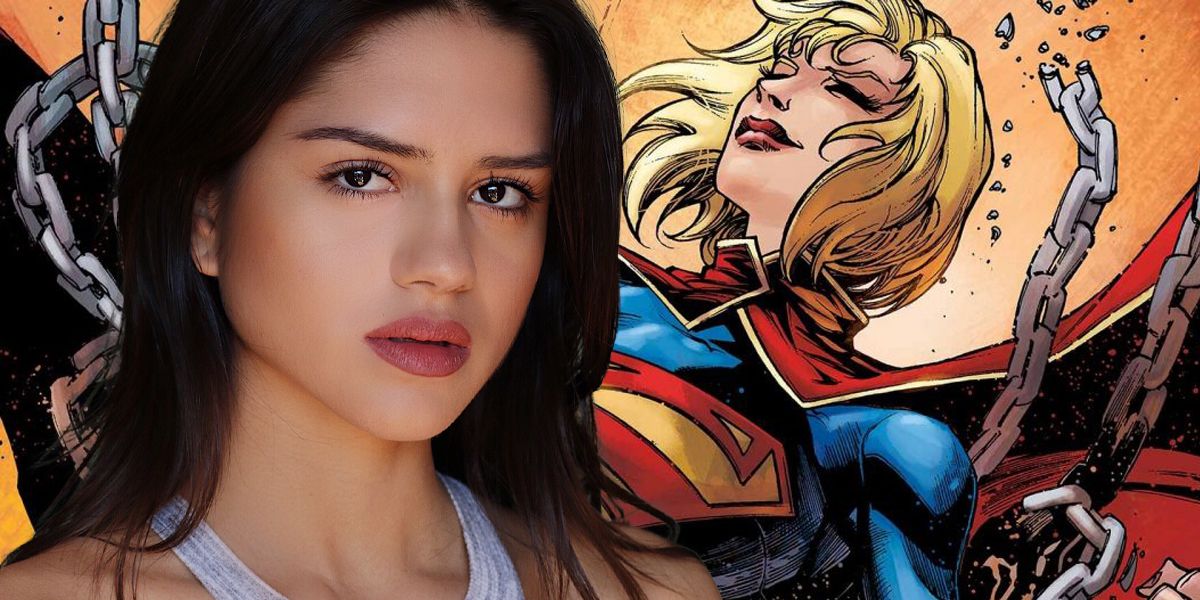 Sasha Calle over picture of Supergirl from DC Comics