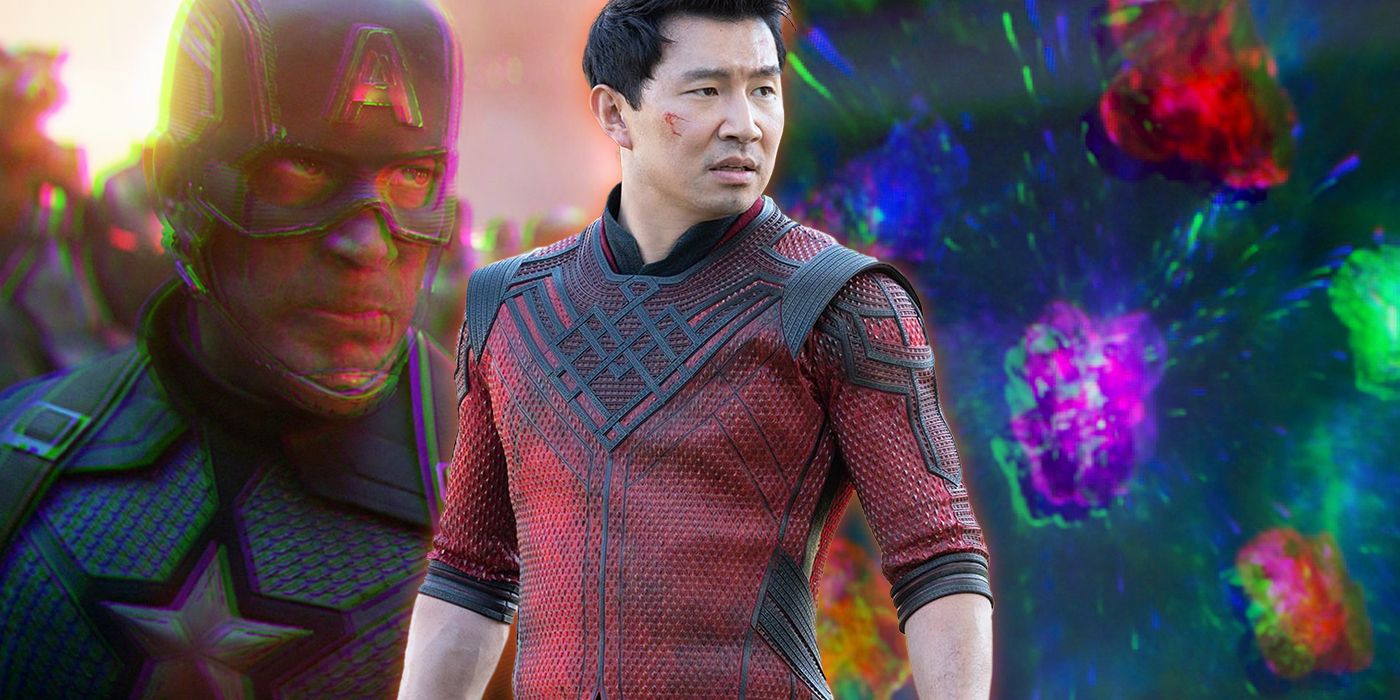 Shang-Chi in front of image of Captain America from Avengers Endgame and the Infinity Stones