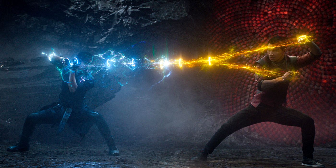 Shang-Chi and his father Wenwu fighting over the ancient Ten Rings