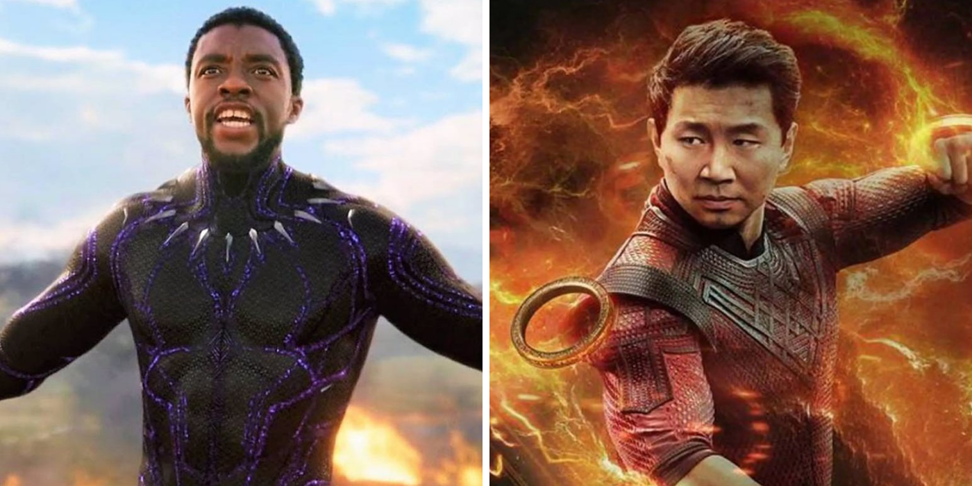 A split image of King T'Challa as Black Panther and Shang-Chi with the Ten Rings