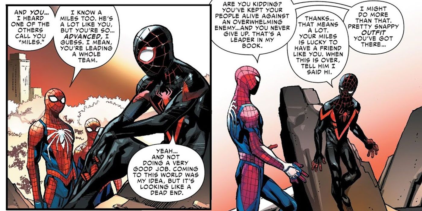 Peter of Marvel's Spider-Man meets the 616 Miles Morales in Spider-Geddon.