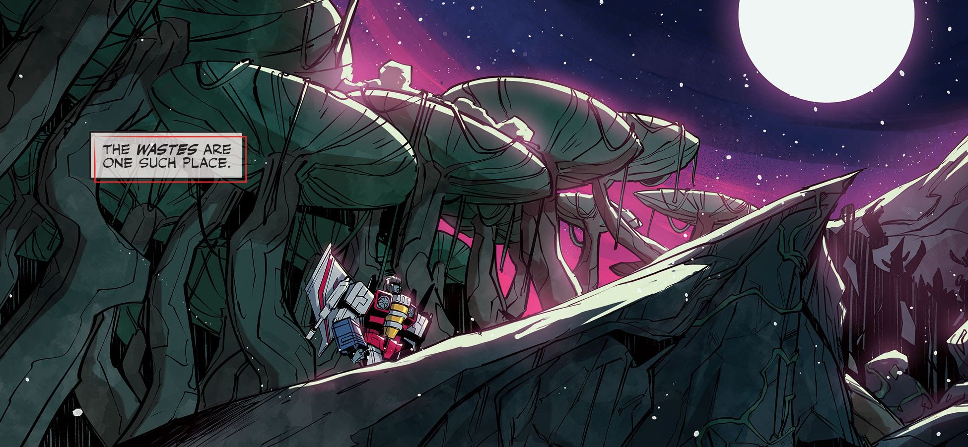 Starscream looks at the moon in the wastes of cybertron