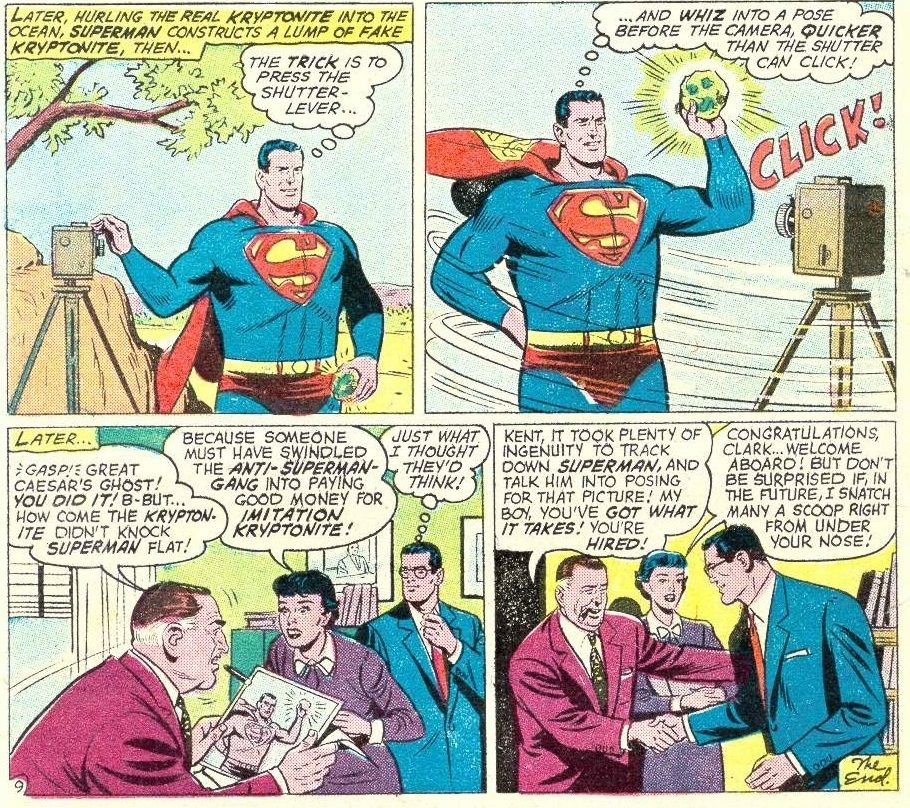 Clark gets a phot of Superman posing with Kryptonite, thus getting a job at the Daily Planet.